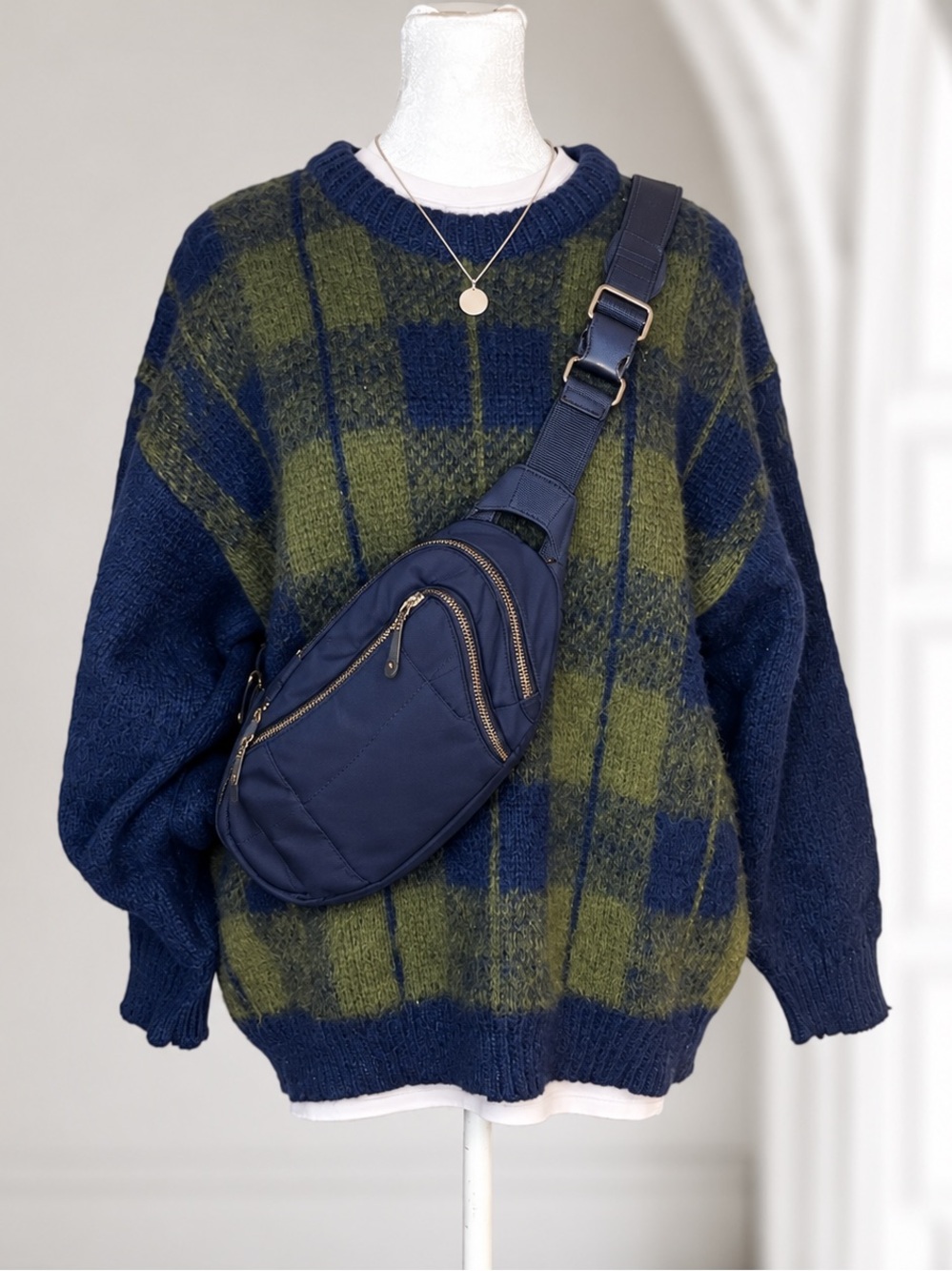 Knit Theory Plaid Crewneck Sweater in Blue & Green Size Small
